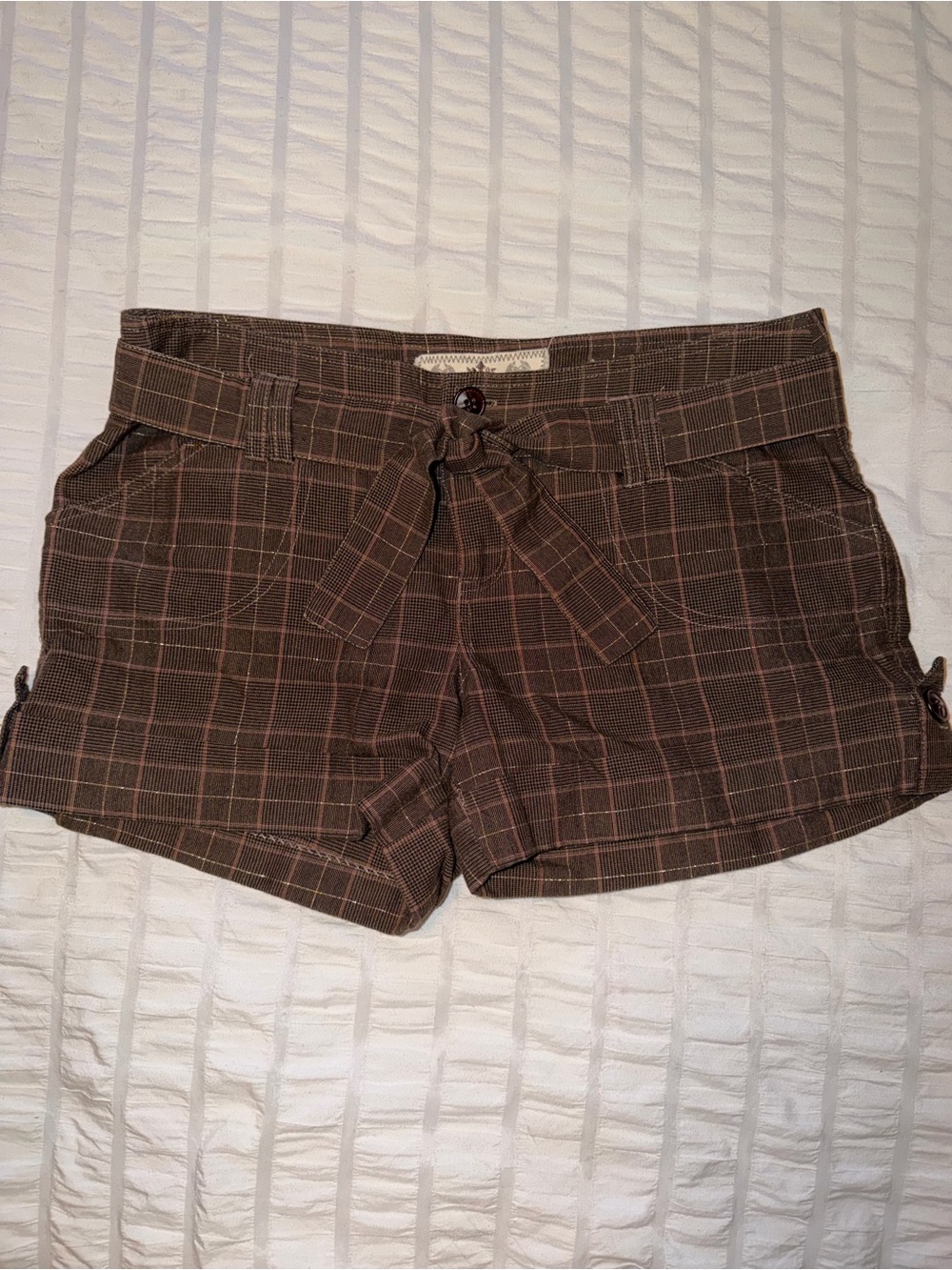 XOXO Brown Plaid High Waist Tie-Front Shorts